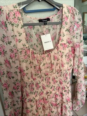 Forever 21 Cream Floral Long Sleeve Midi Dress with Pink Roses